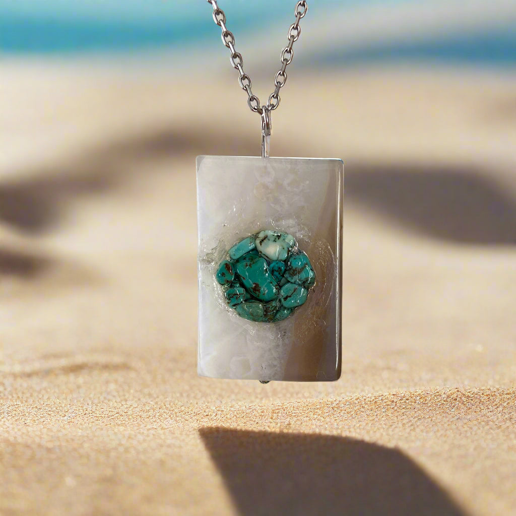 01-PP-Q-1 Turquoise Crystal Centered Rectangular Quartz Pendant with Chain