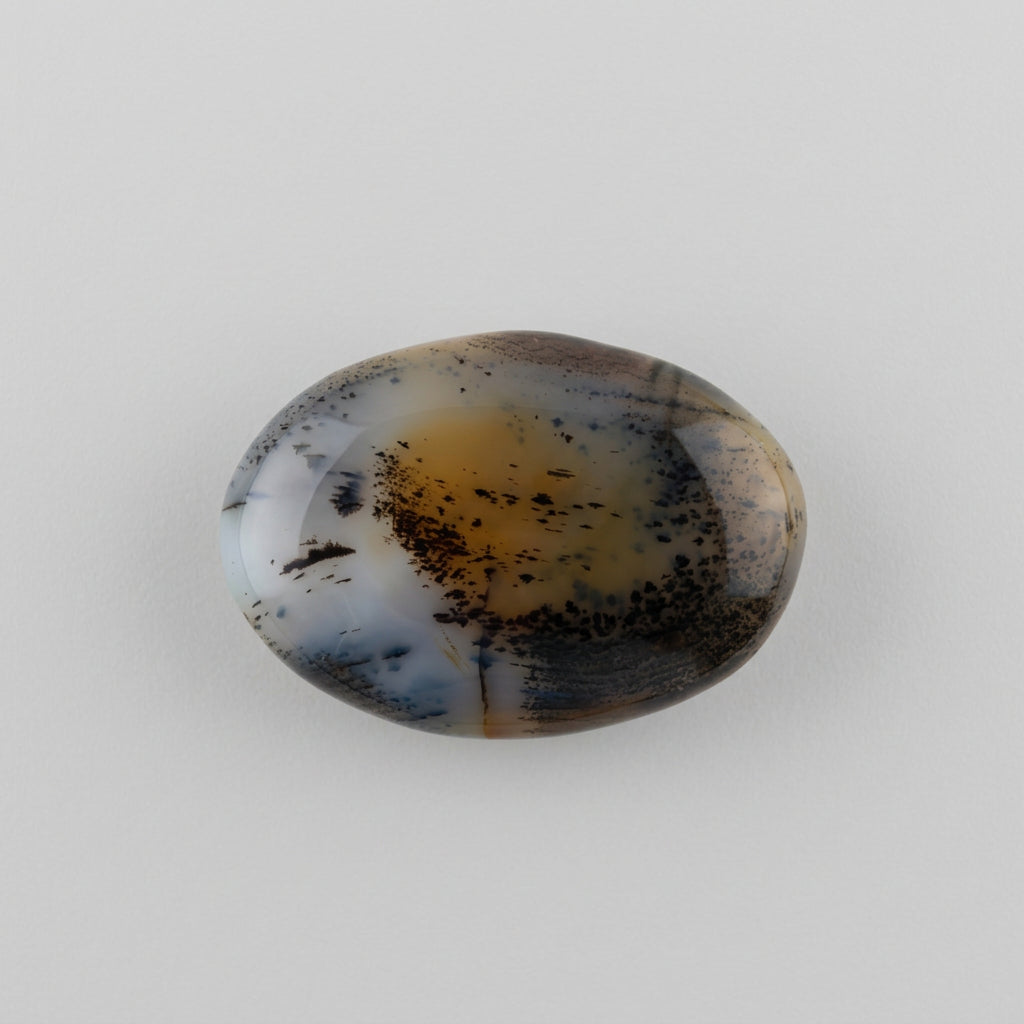 Dendritic agate gemstone featuring delicate, tree-like dark inclusions against a pale, translucent background, showcased in the J.W.H. Designs gemstone collection.
