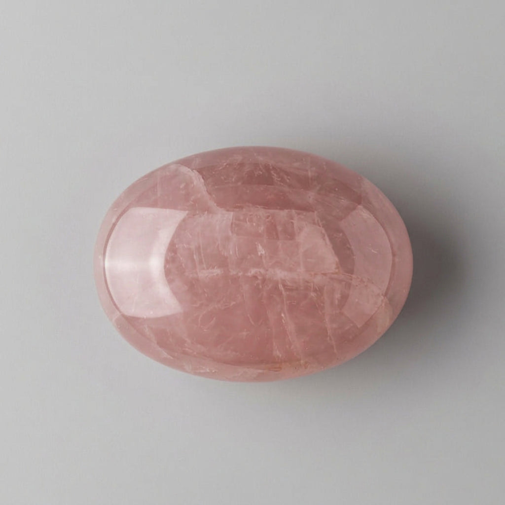 Rose quartz gemstone with soft pink colouring and gentle natural translucence, featured in the J.W.H. Designs palm stone collection.