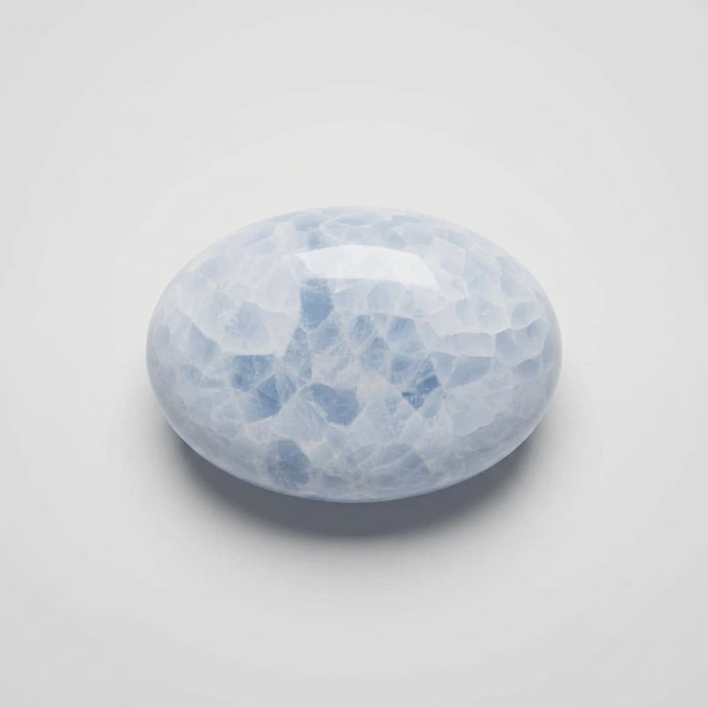 Blue calcite stone featuring soft sky-blue colouring and natural cloudy patterns, showcased in the J.W.H. Designs gemstone collection.