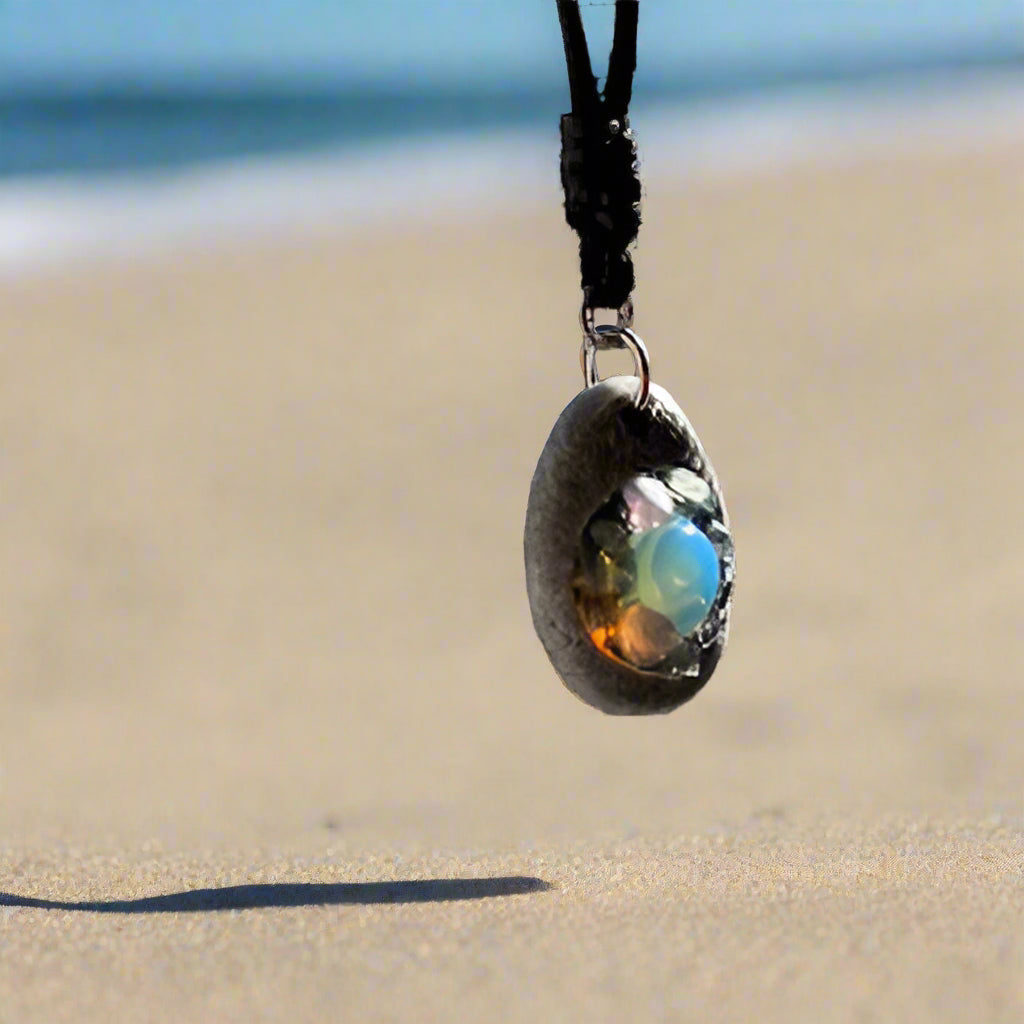 01-PP-O-1 Beach Pebble with Opalite Cabochon and Fluorite Crystal Center