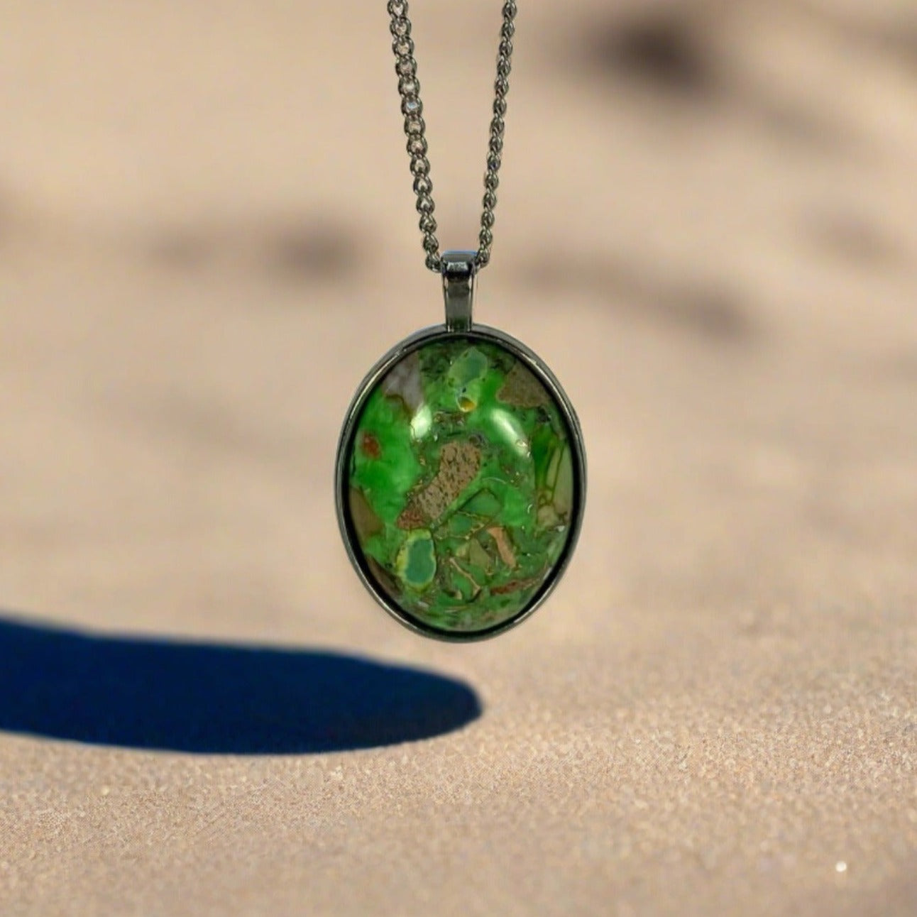 JWH Designs - Nature Inspired Artistic Jewellery - Green Sea Sediment Jasper Pendant with Chain