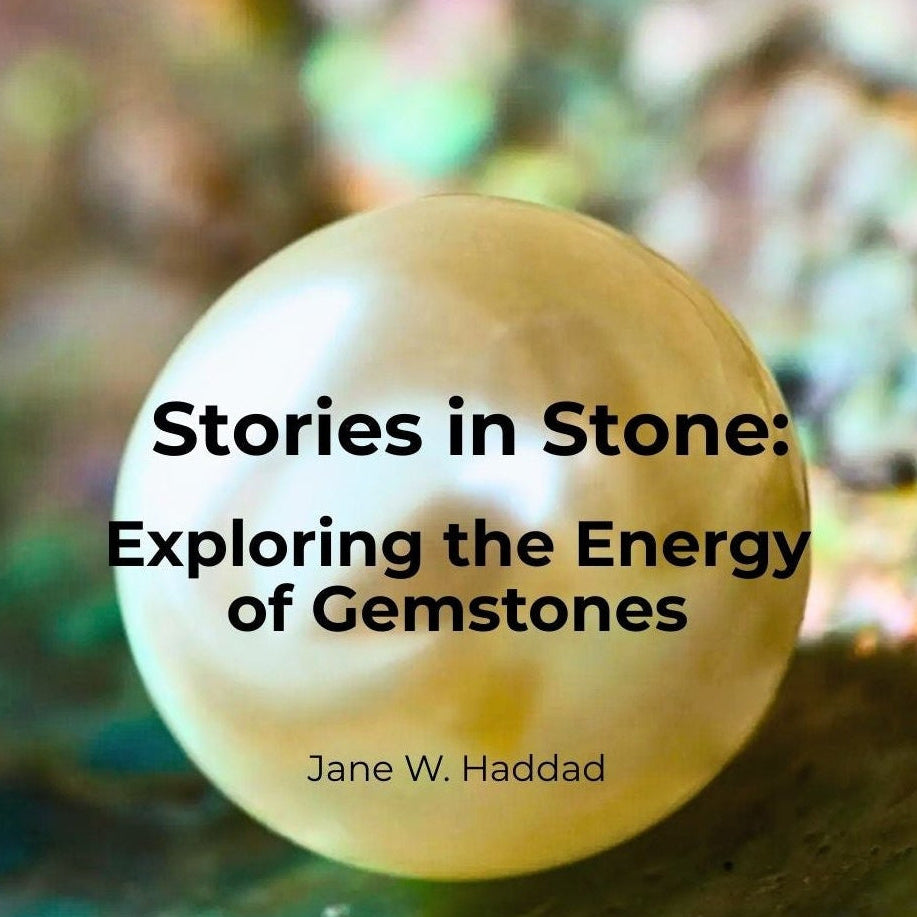 Book cover of 'Stories in Stone: Exploring the Energy of Gemstones' with a gemstone on a blurred background.